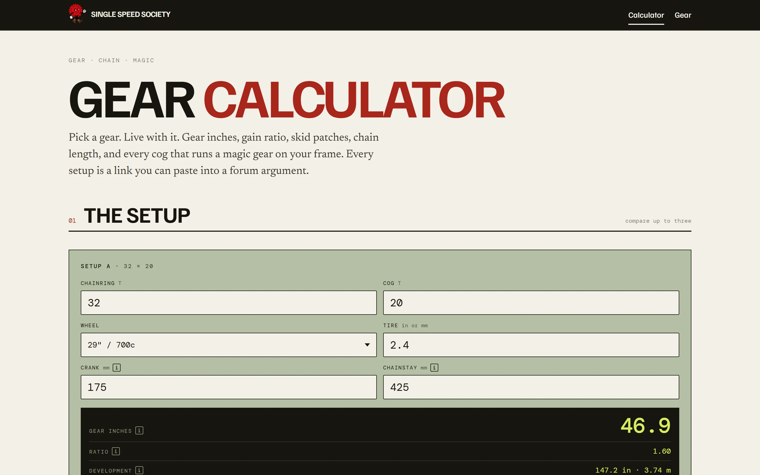 The gear calculator with a 32 by 20 setup on a 29 inch wheel.